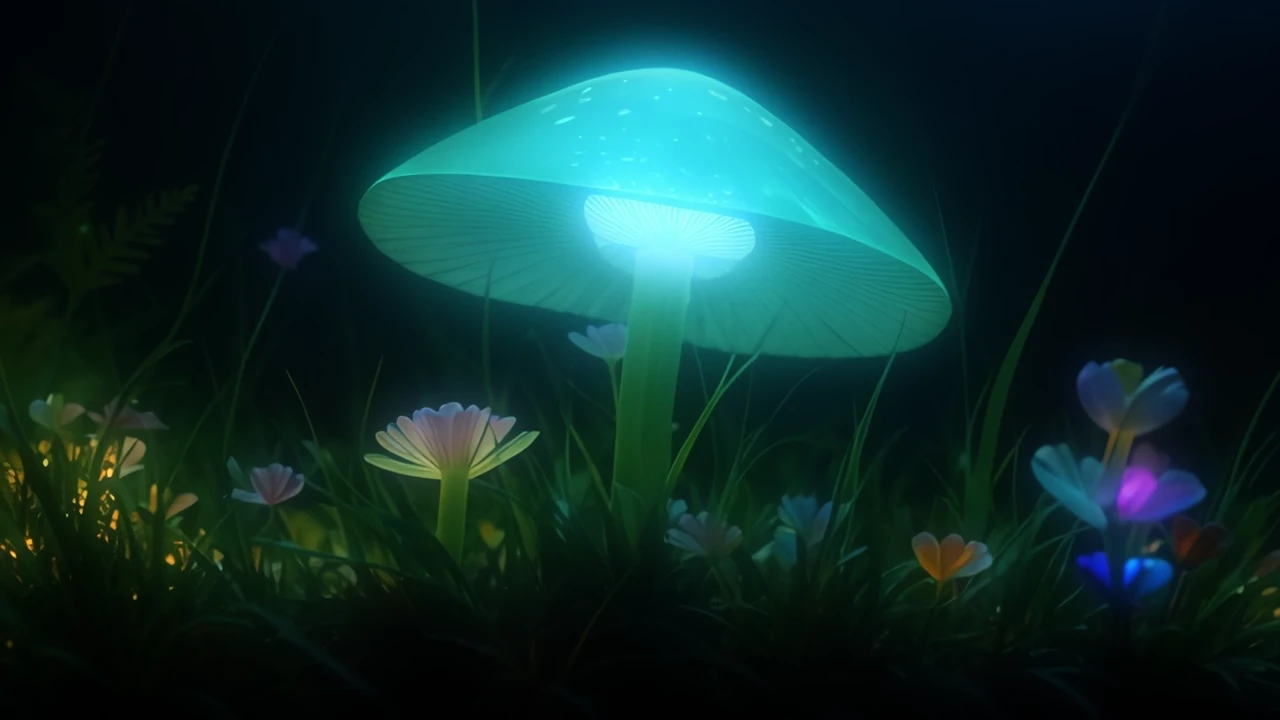 夜色中发出蓝色微光的蘑菇
